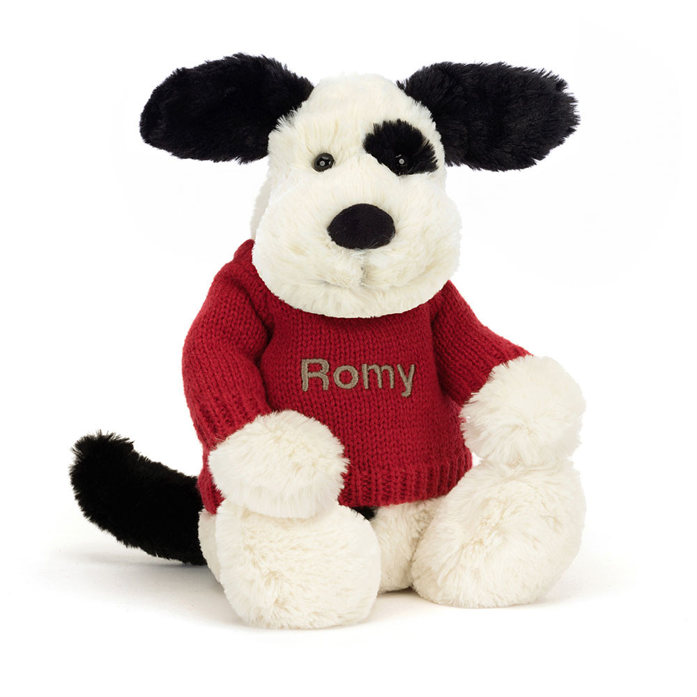 Bashful Black & Cream Puppy with Personalized Red Jumper - 图片 2